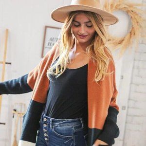 BEST SELLER: NEW WOMEN'S MEDIUM RUST/BLACK MIDI LENGTH KNIT CARDIGAN/SWEATER